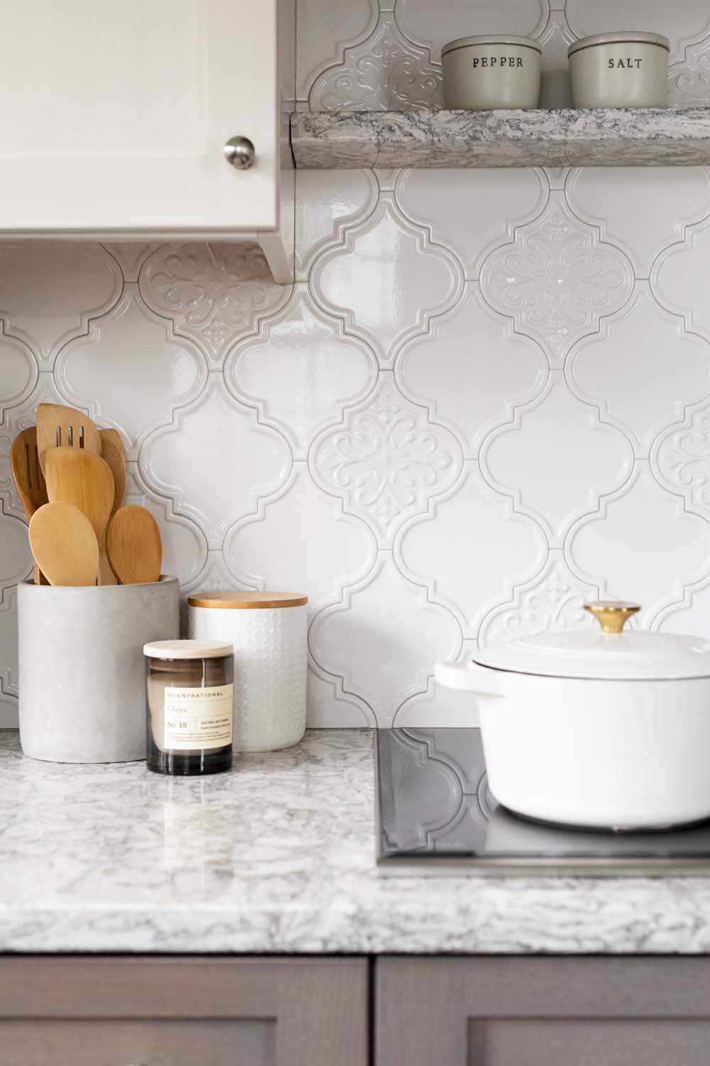 embossed and flat tiles backsplash farmhouse galley kitchen