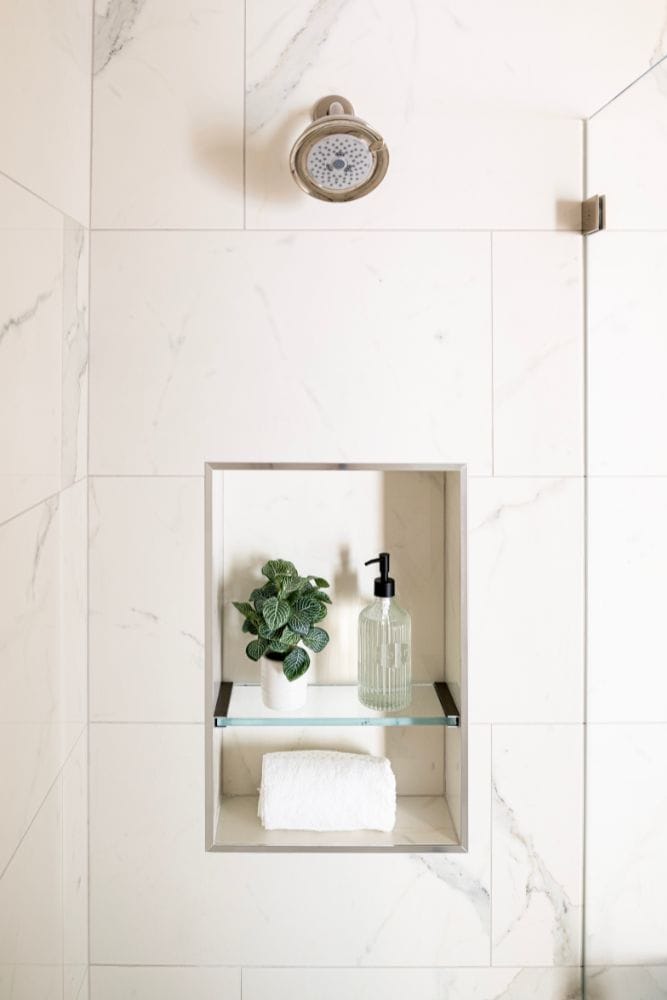 marble tile shower alcove condo renovation lee kimball