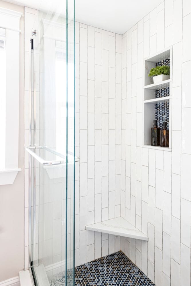 white tile shower glass door